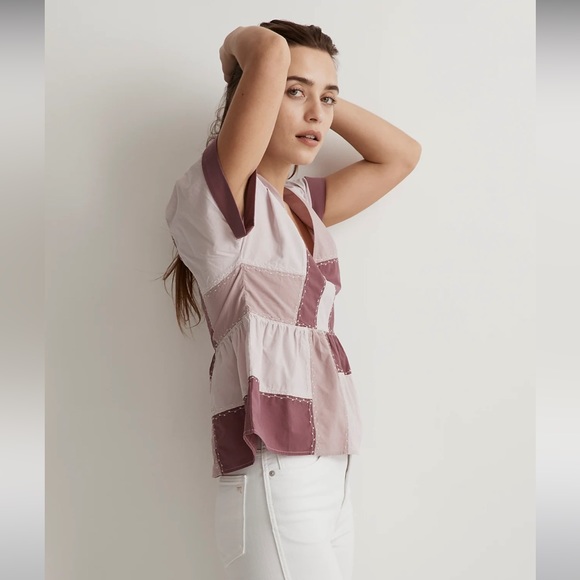 NWOT Madewell Signature Poplin Patchwork Peplum Top - Size Medium - Purp… - Picture 4 of 10